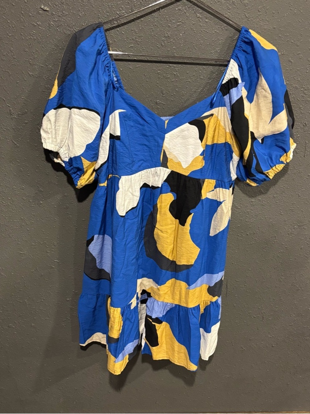 Nine West Midi Dress Blue, Yellow, White & Black Abstract Puff-Sleeve Top